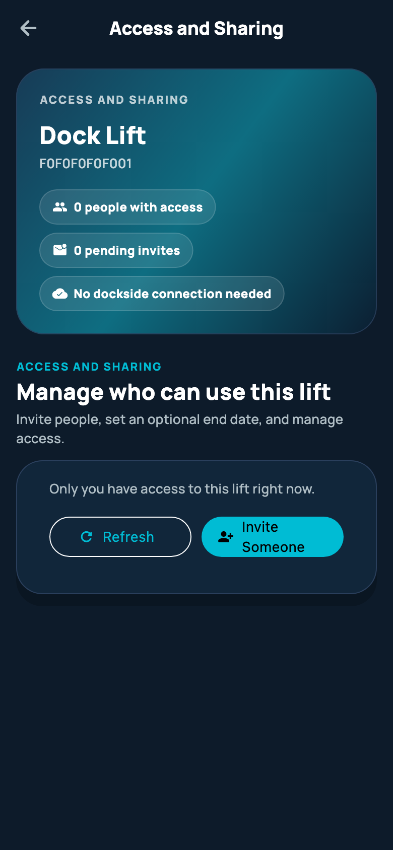 Atlantis Boater Access and Sharing screen for a sample lift