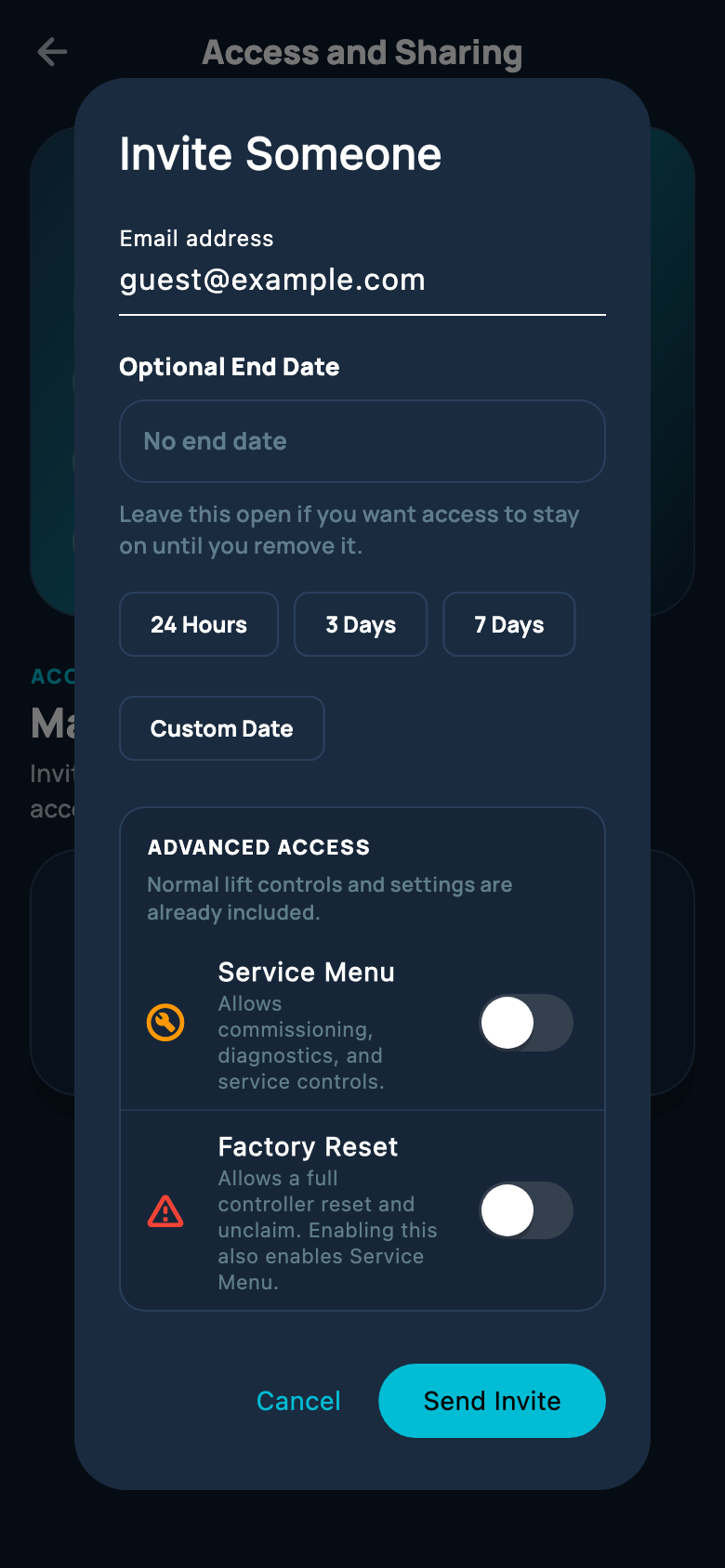 Atlantis Boater invitation form with an email address, optional end date, and advanced permissions