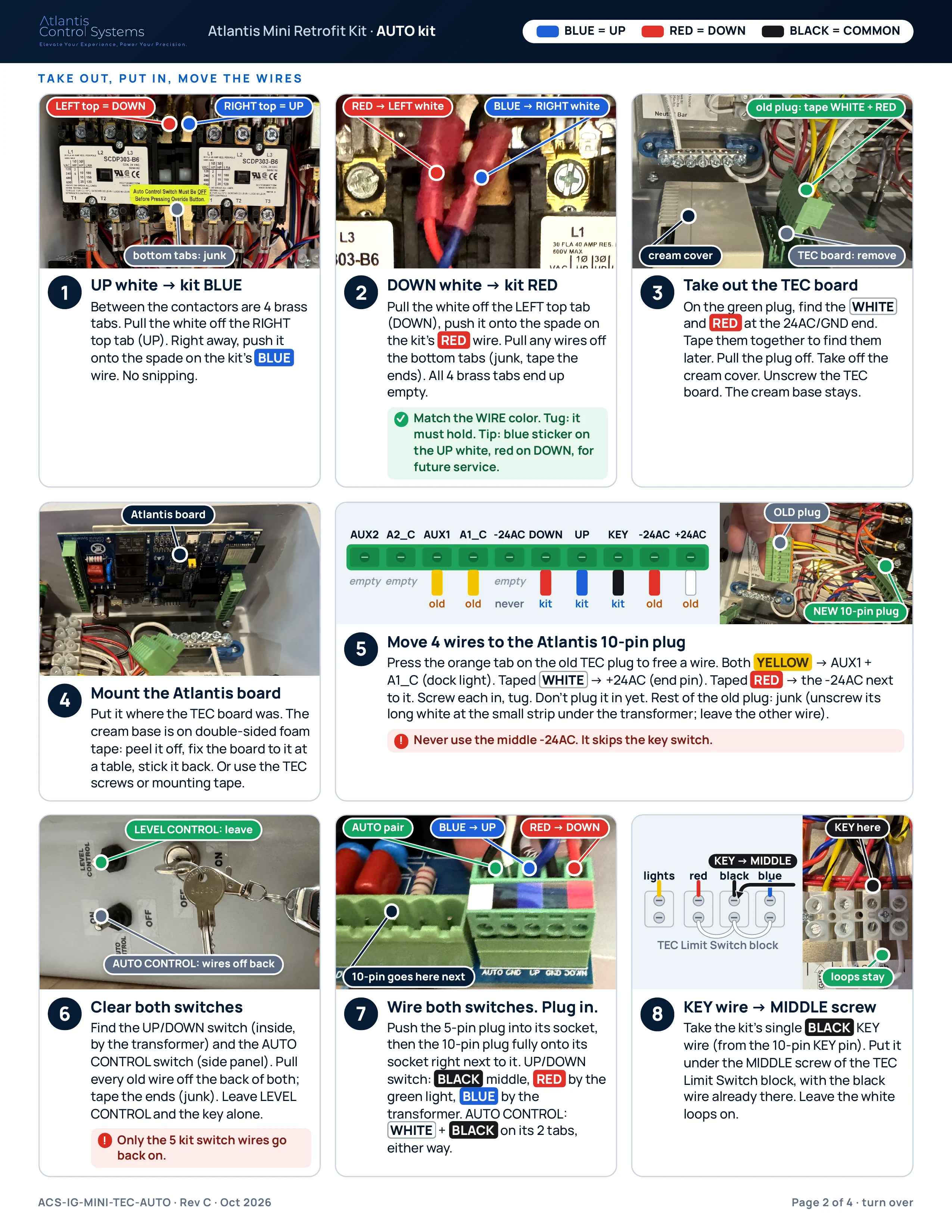 Page 2 of 4 of the AUTO kit install guide: steps 1 to 8 with labeled photos: the whites onto the kit spades, the TEC board out and the Atlantis board in, the 10-pin plug, the switches, and the KEY wire