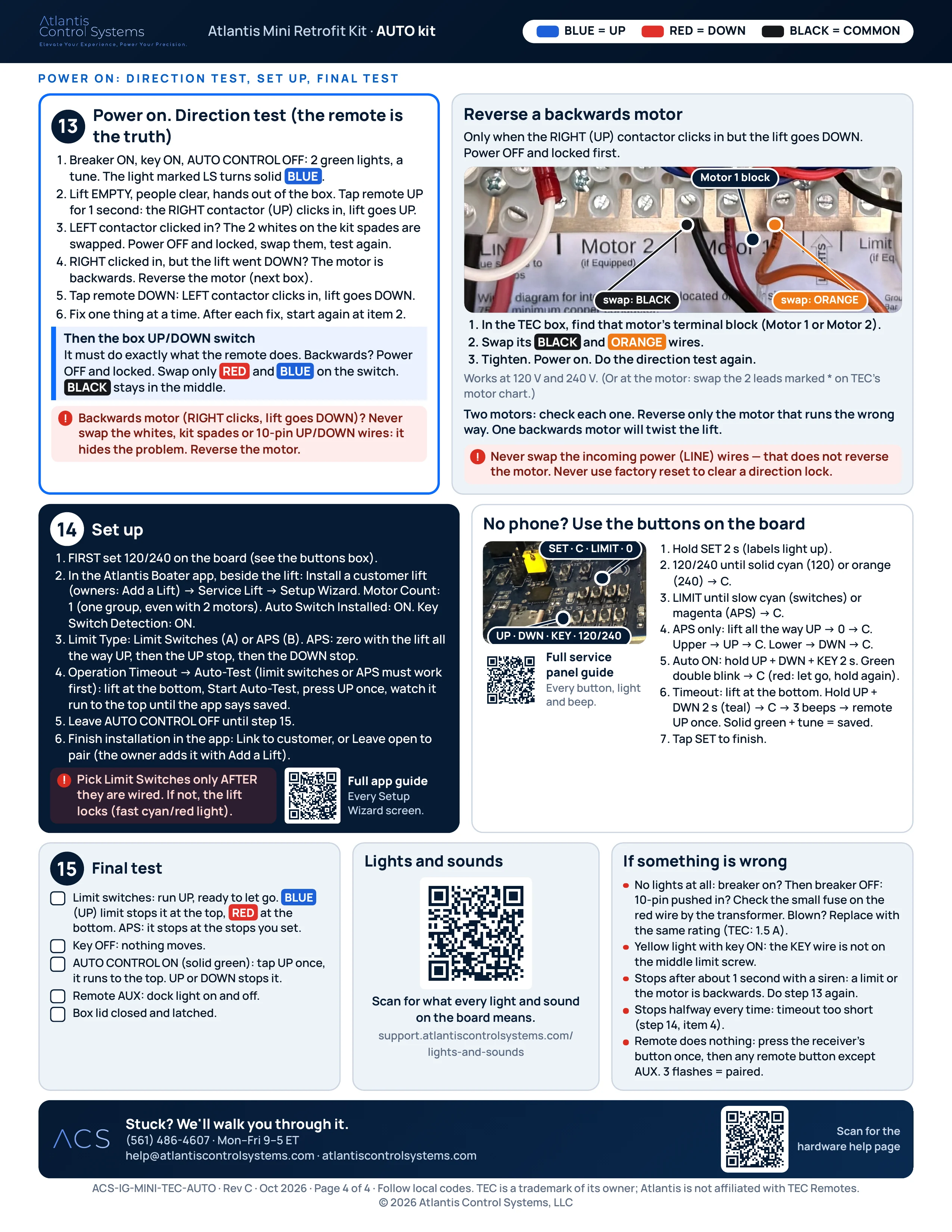 Page 4 of 4 of the AUTO kit install guide: steps 13 to 15: the direction test, reversing a backwards motor, setup in the app or on the board buttons, the final test, troubleshooting, and support contacts