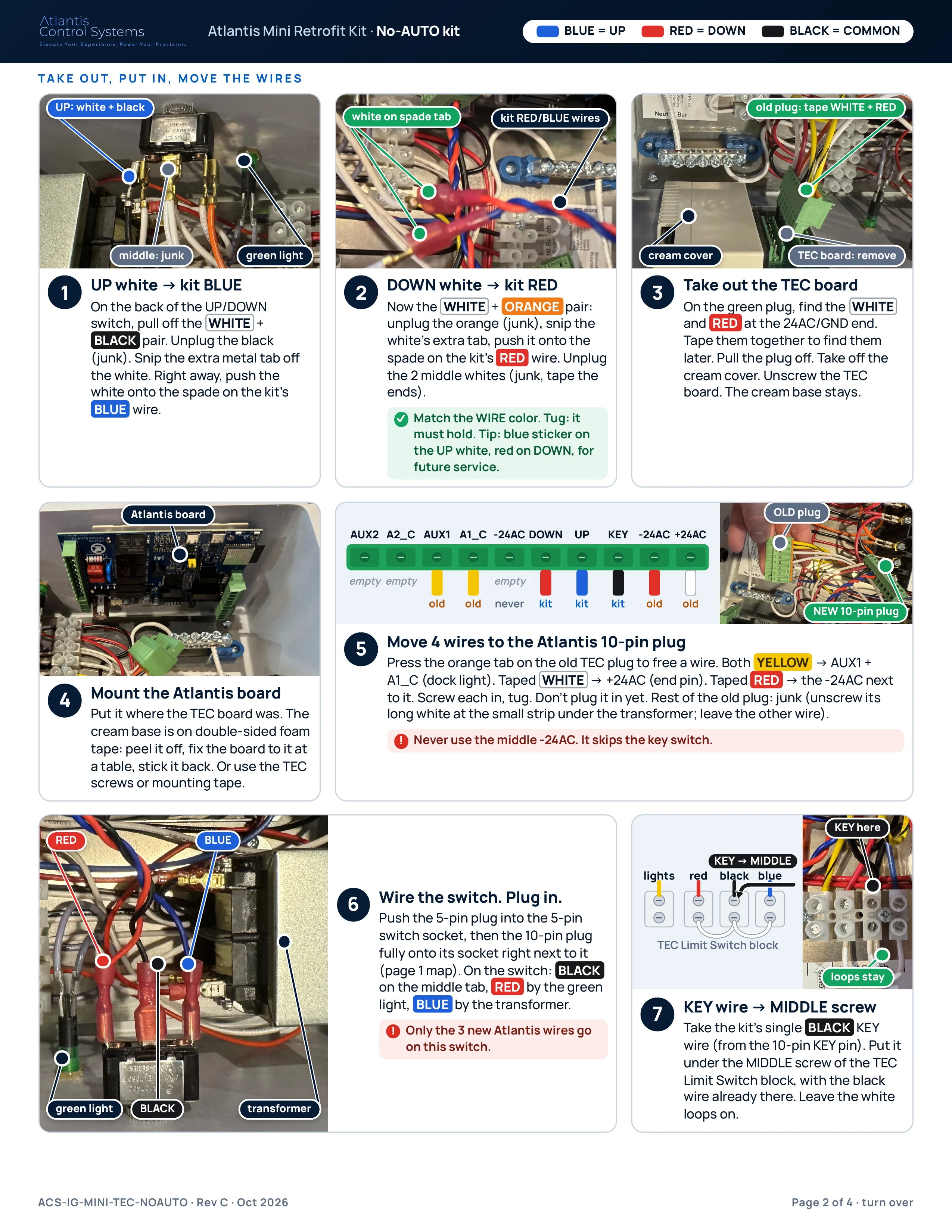 Page 2 of 4 of the No-AUTO kit install guide: steps 1 to 7 with labeled photos: the whites onto the kit spades, the TEC board out and the Atlantis board in, the 10-pin plug, the switches, and the KEY wire