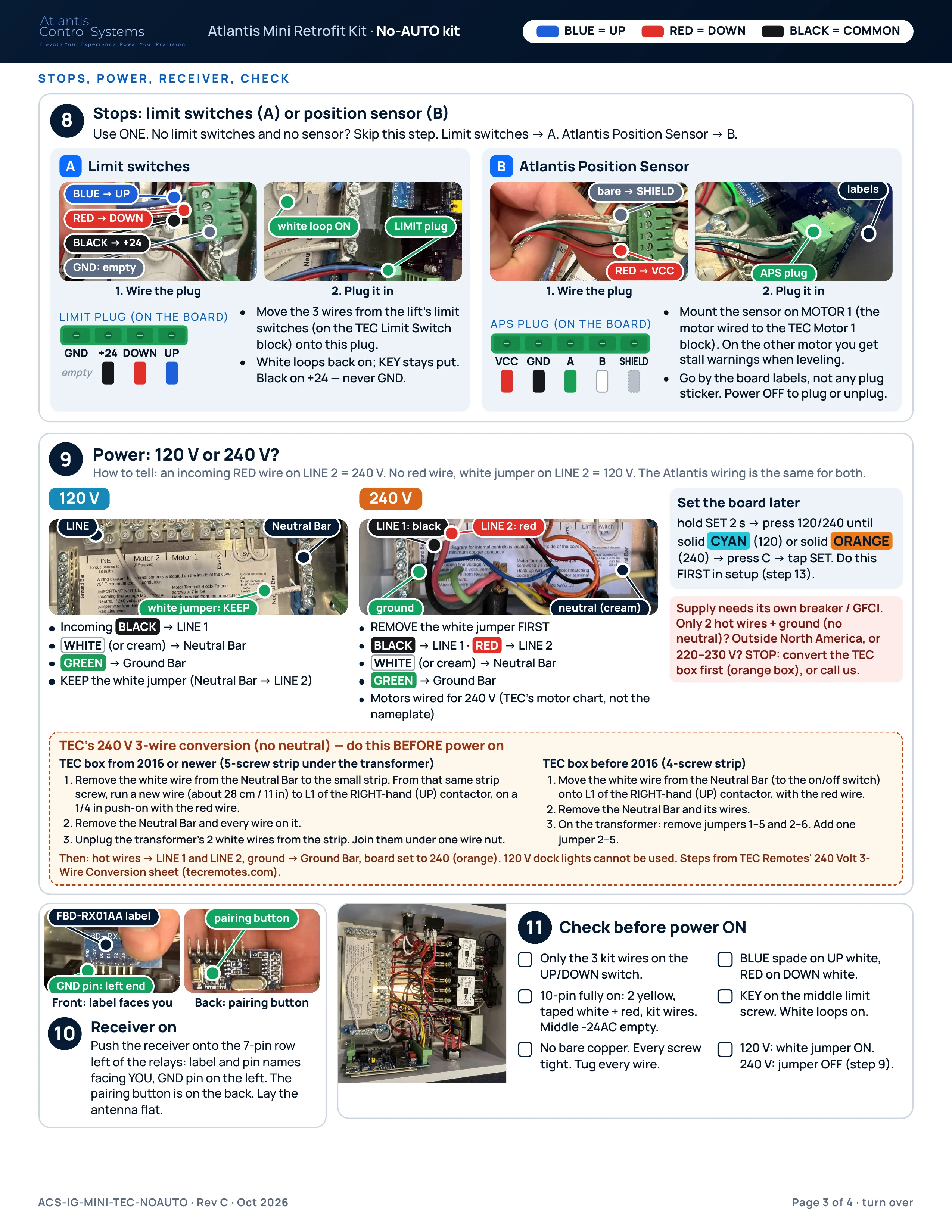 Page 3 of 4 of the No-AUTO kit install guide: steps 8 to 11: limit switches or position sensor, 120 V or 240 V with TEC's 3-wire conversion, the receiver, and the check before power on