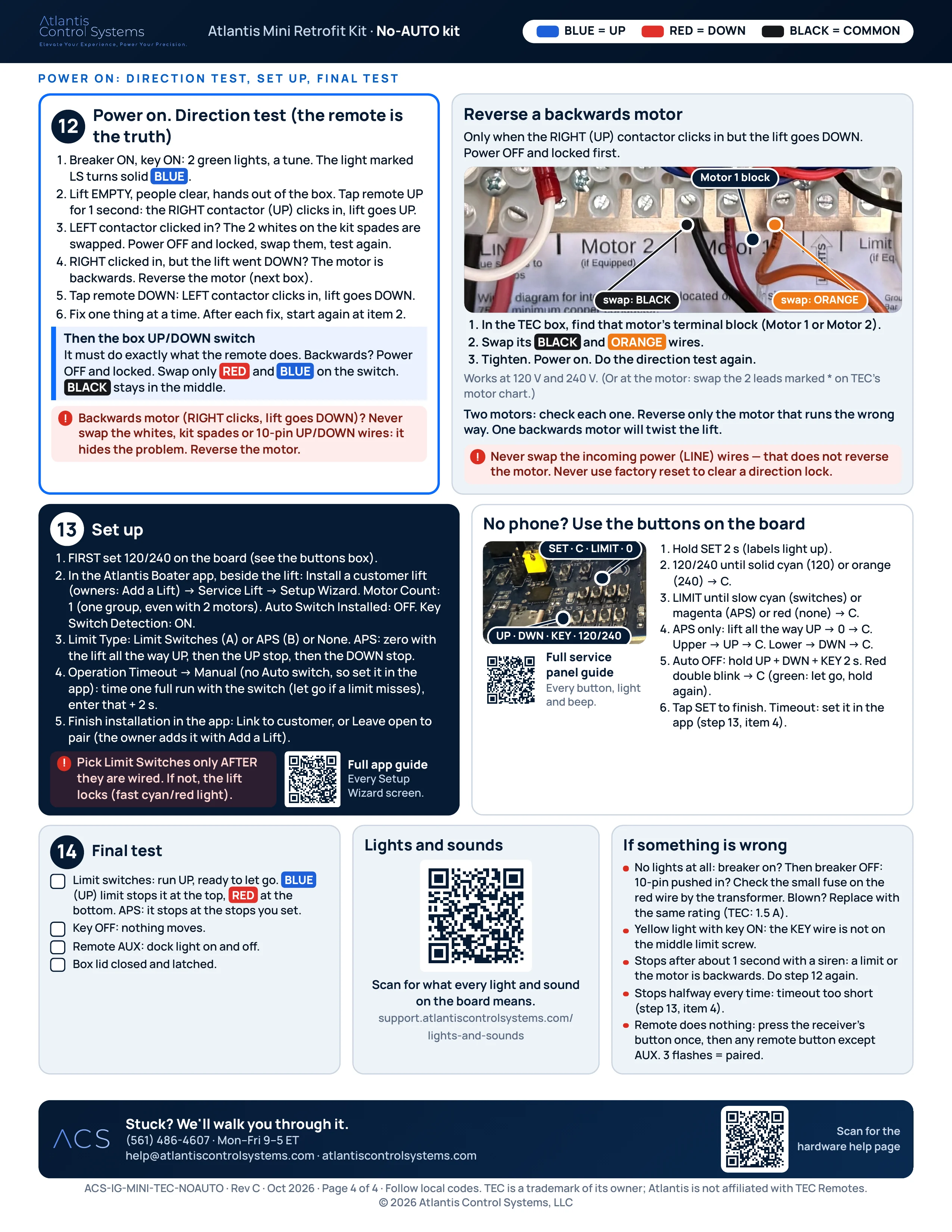 Page 4 of 4 of the No-AUTO kit install guide: steps 12 to 14: the direction test, reversing a backwards motor, setup in the app or on the board buttons, the final test, troubleshooting, and support contacts