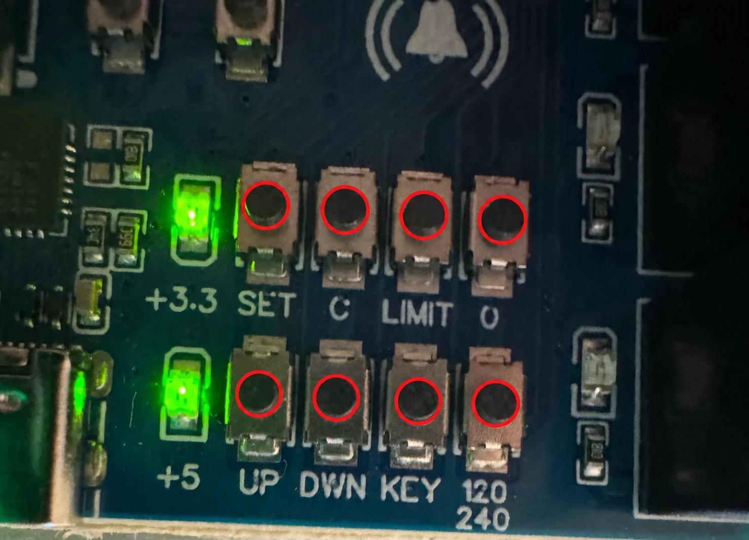 Eight service buttons circled in red: SET, C, LIMIT, and 0 above UP, DWN, KEY, and 120/240